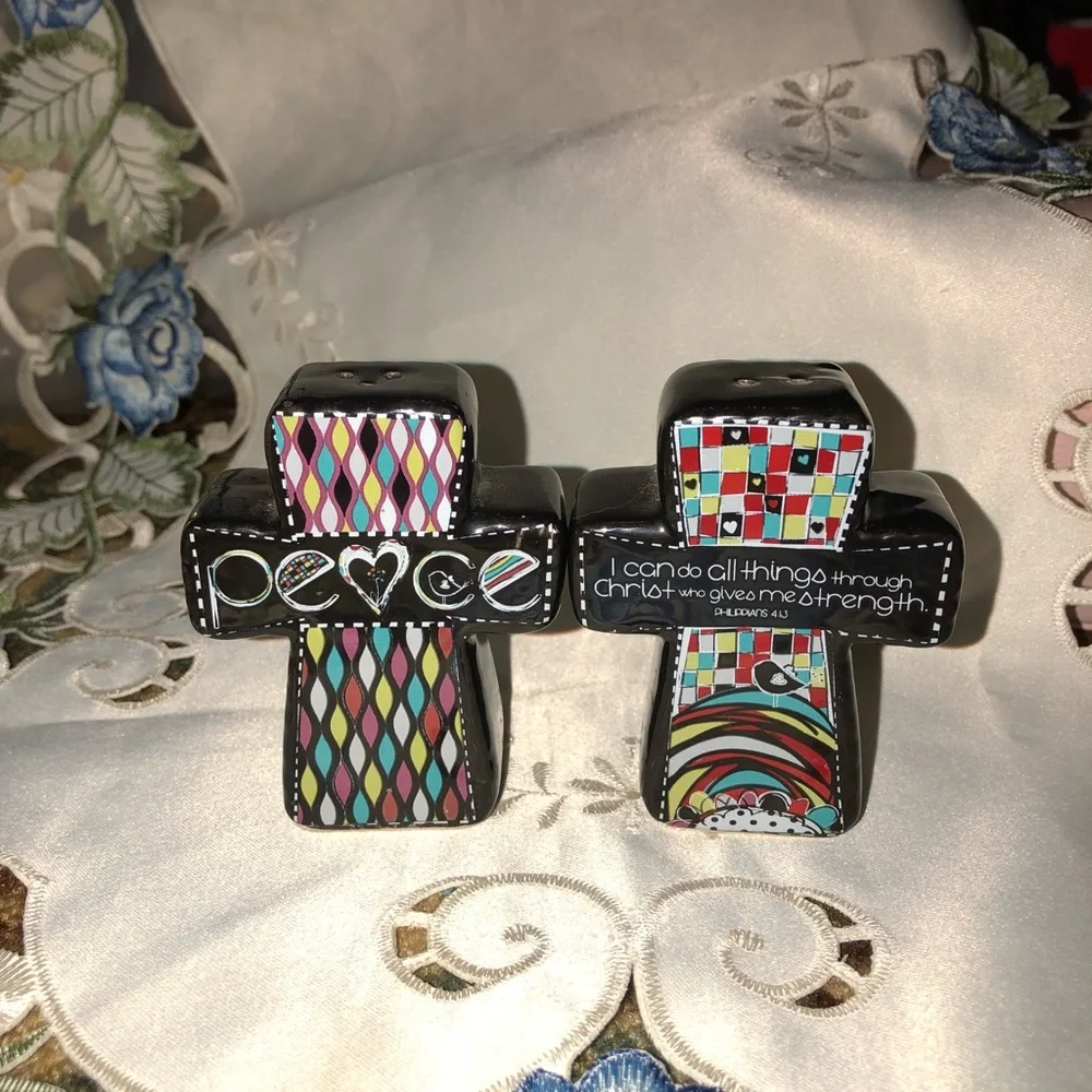 Ceramic cross magnetic salt & pepper shakers